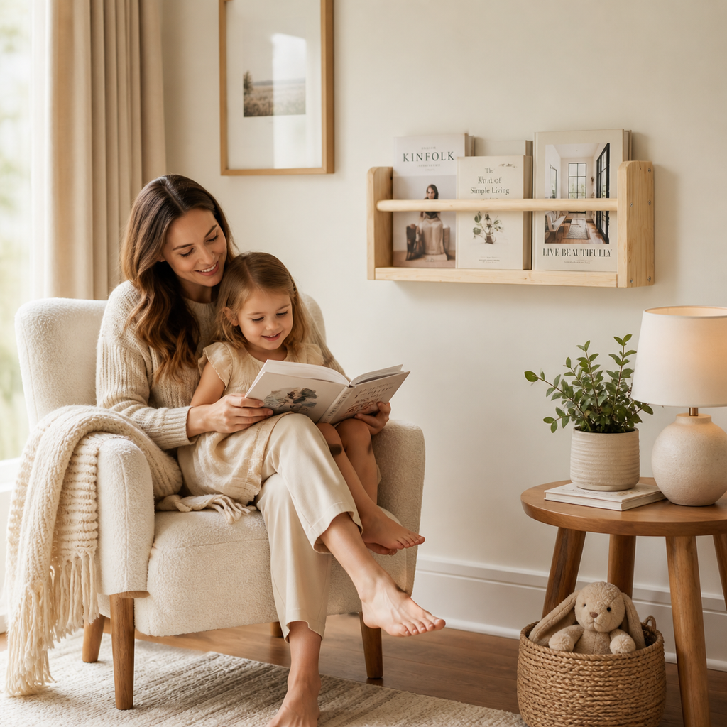 Wooden wall book shelf in a calm neutral reading corner with a mother and child reading together