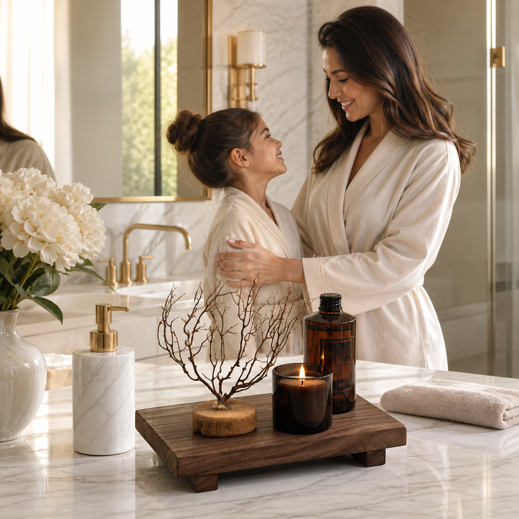 Wooden vanity riser styled on a luxury marble bathroom counter with candle and amber bottle