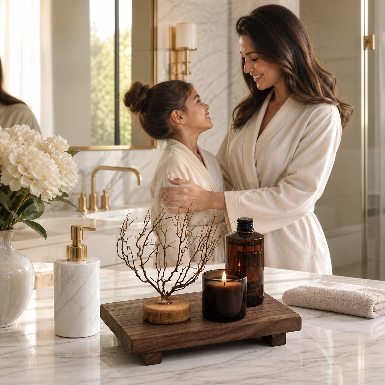 Wooden vanity riser styled on a luxury marble bathroom counter with candle and amber bottle