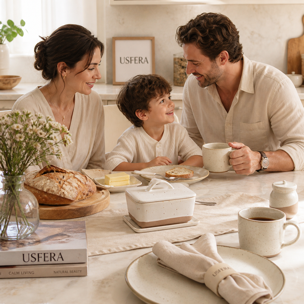 Family enjoying a calm breakfast moment with a speckled ceramic butter dish on a luxury neutral kitchen table