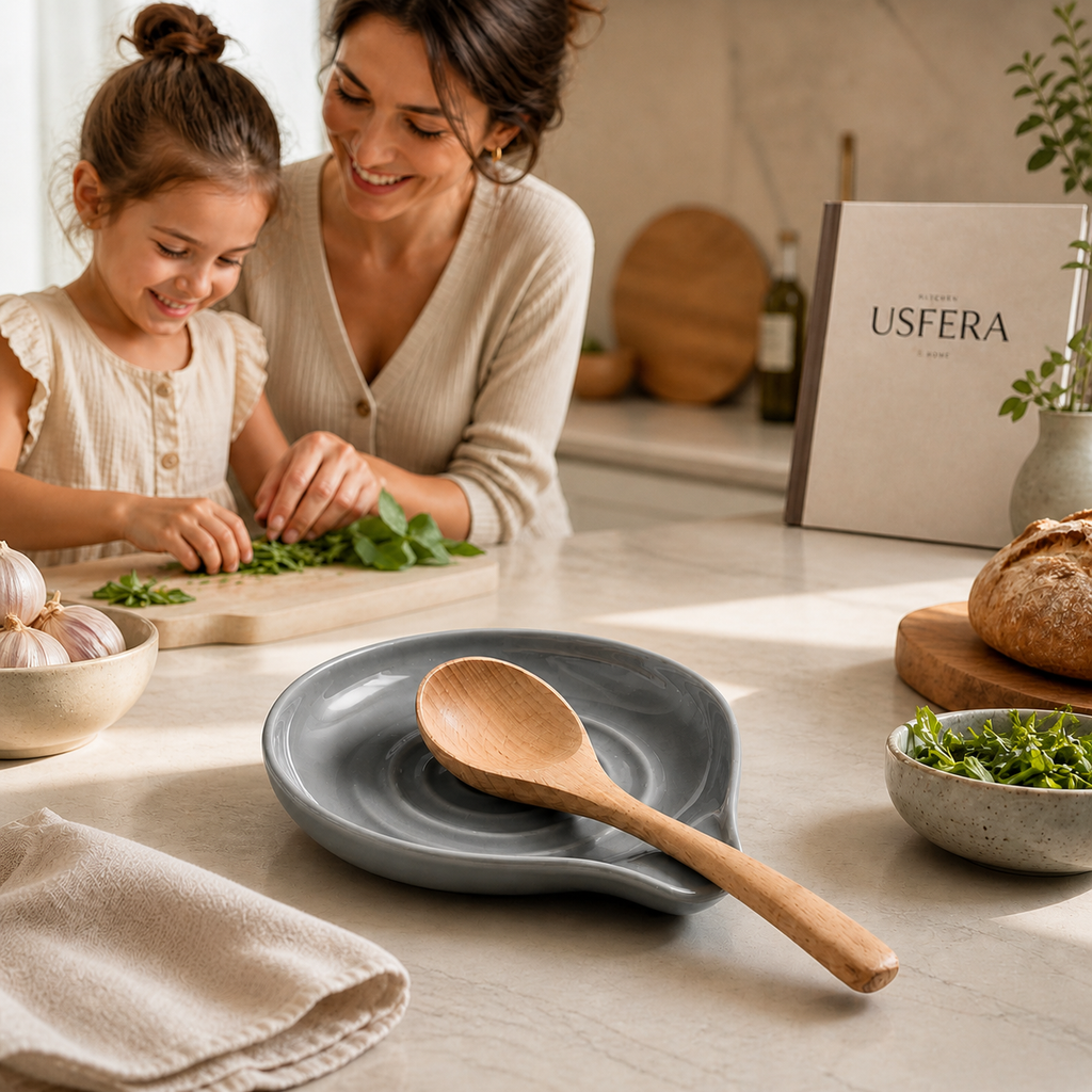 Mother and child cooking together in a luxury neutral kitchen with a ceramic spoon rest in the foreground