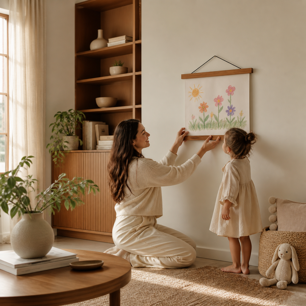 Wooden kids art display hanger showing a child’s drawing in a warm neutral creative corner