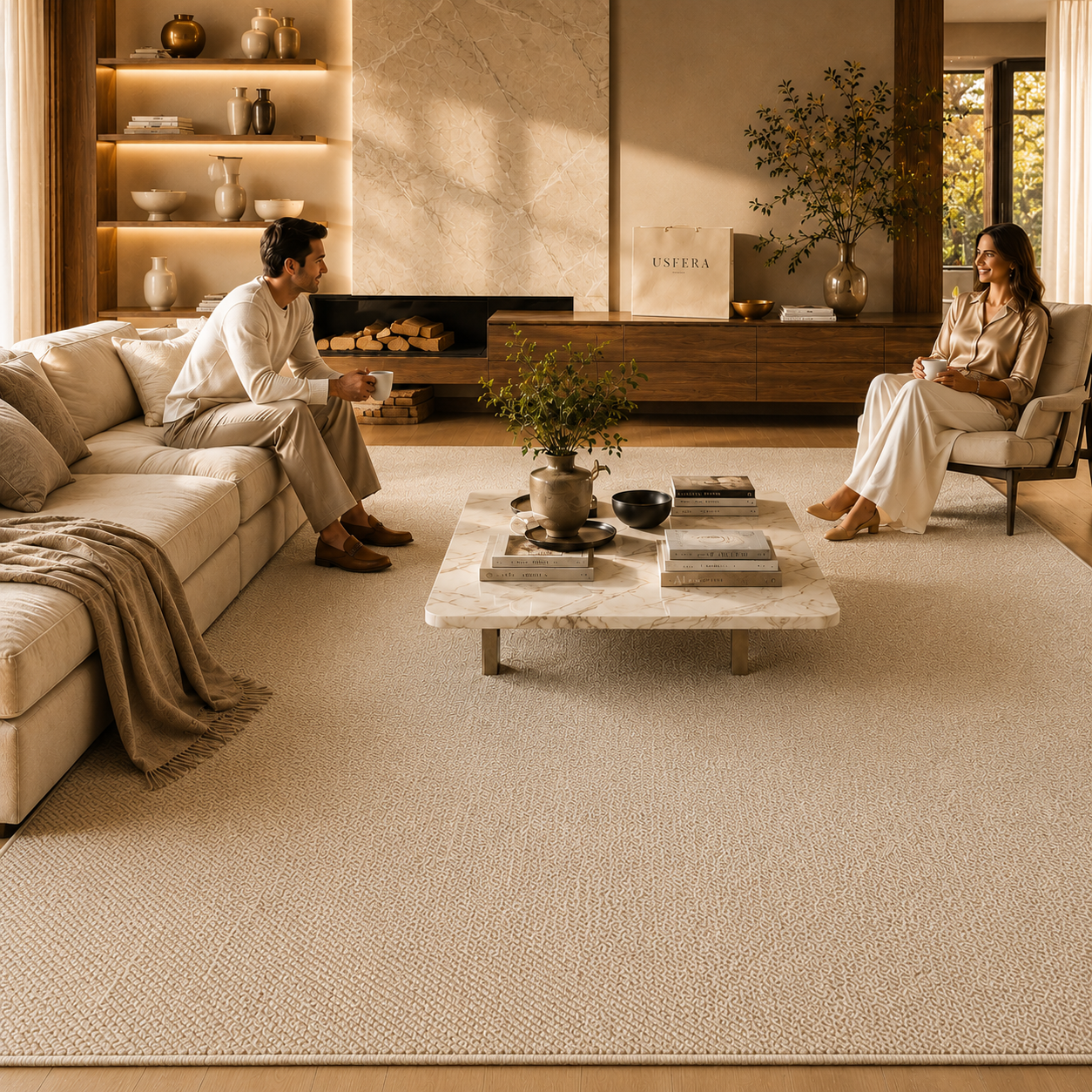 Large beige living room rug in an elegant calm-home interior with marble coffee table and refined luxury styling