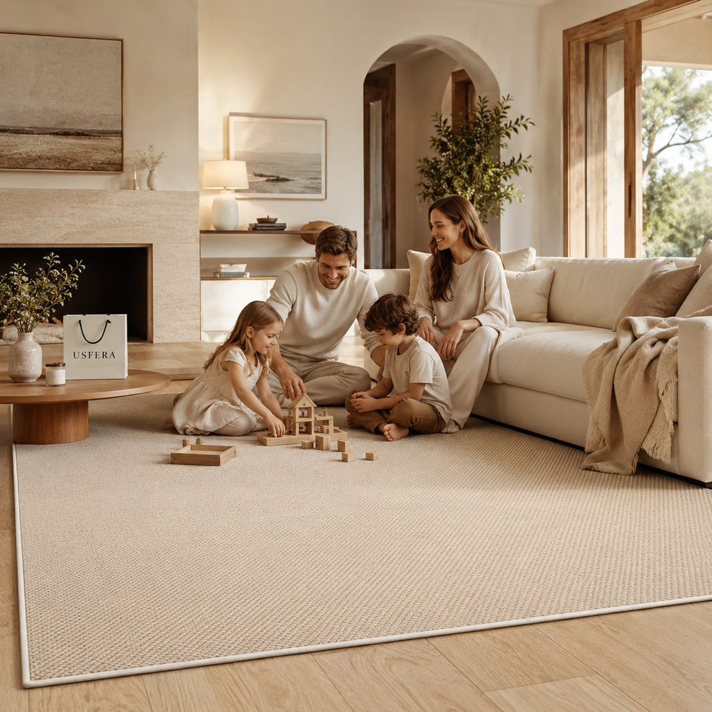Family relaxing on a large beige area rug in a calm luxury living room with neutral furniture and warm wood details