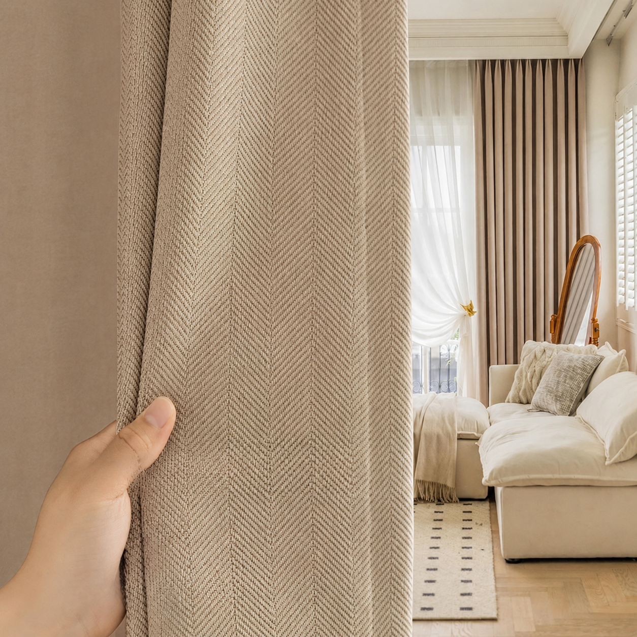 Luxury chenille curtain panel in warm beige styled in an elegant calm living room with soft natural light and premium neutral decor