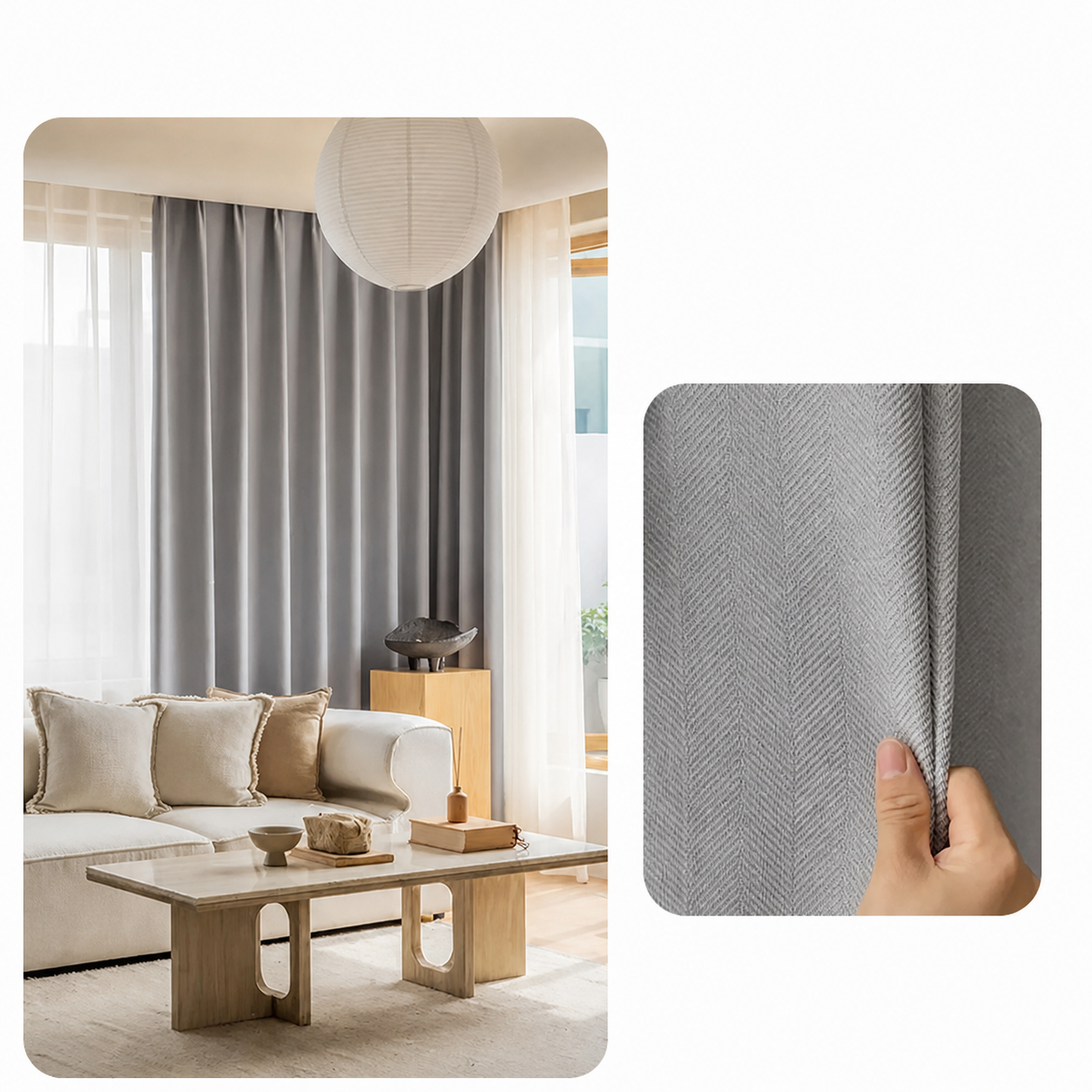 Family relaxing in a luxury living room with beige chenille curtains, soft natural light, calm decor, and visible Usfera branding