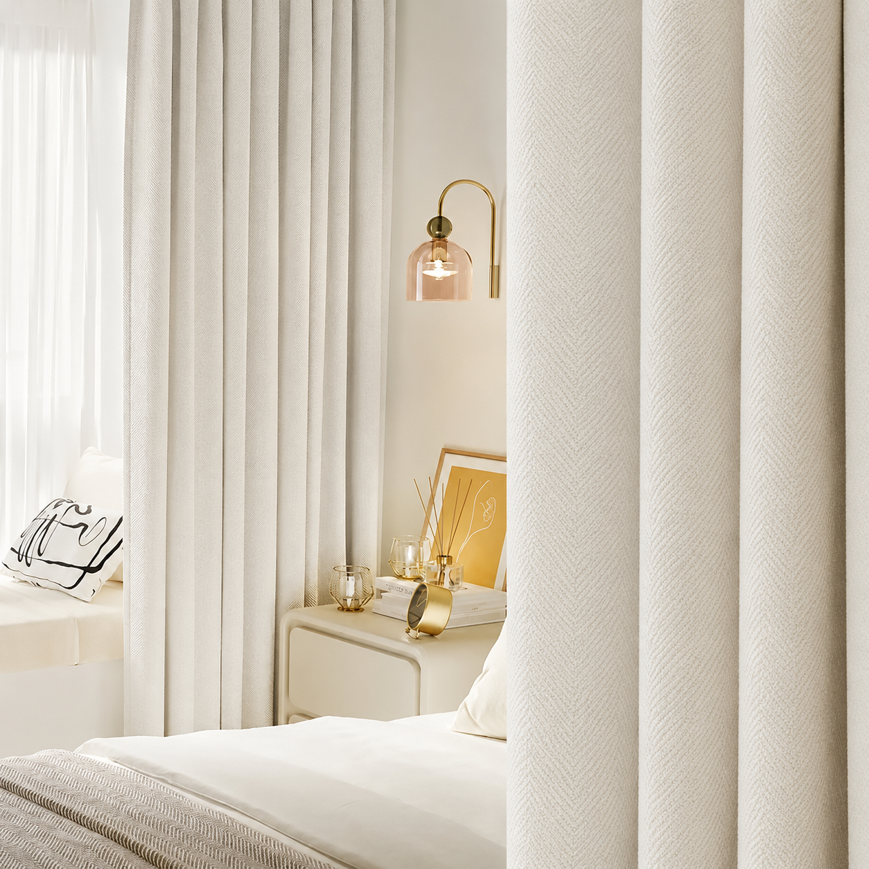Luxury chenille curtain panel in warm beige styled in an elegant calm living room with soft natural light and premium neutral decor