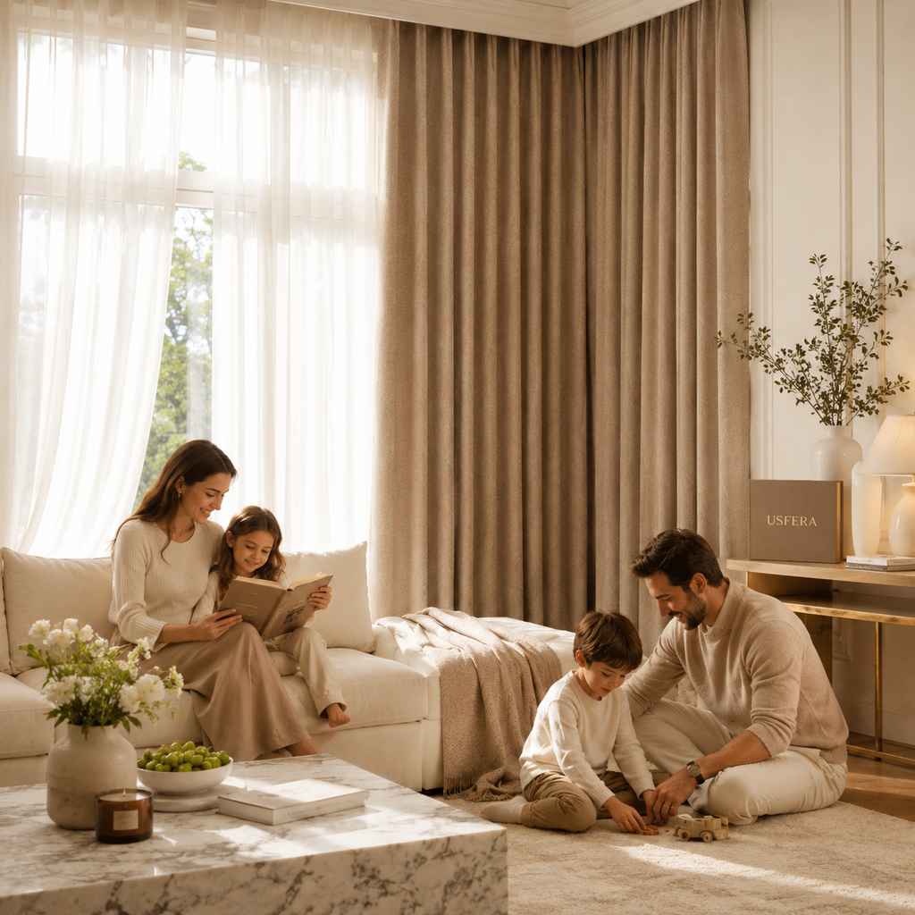 Luxury chenille curtain panel in warm beige styled in an elegant calm living room with soft natural light and premium neutral decor