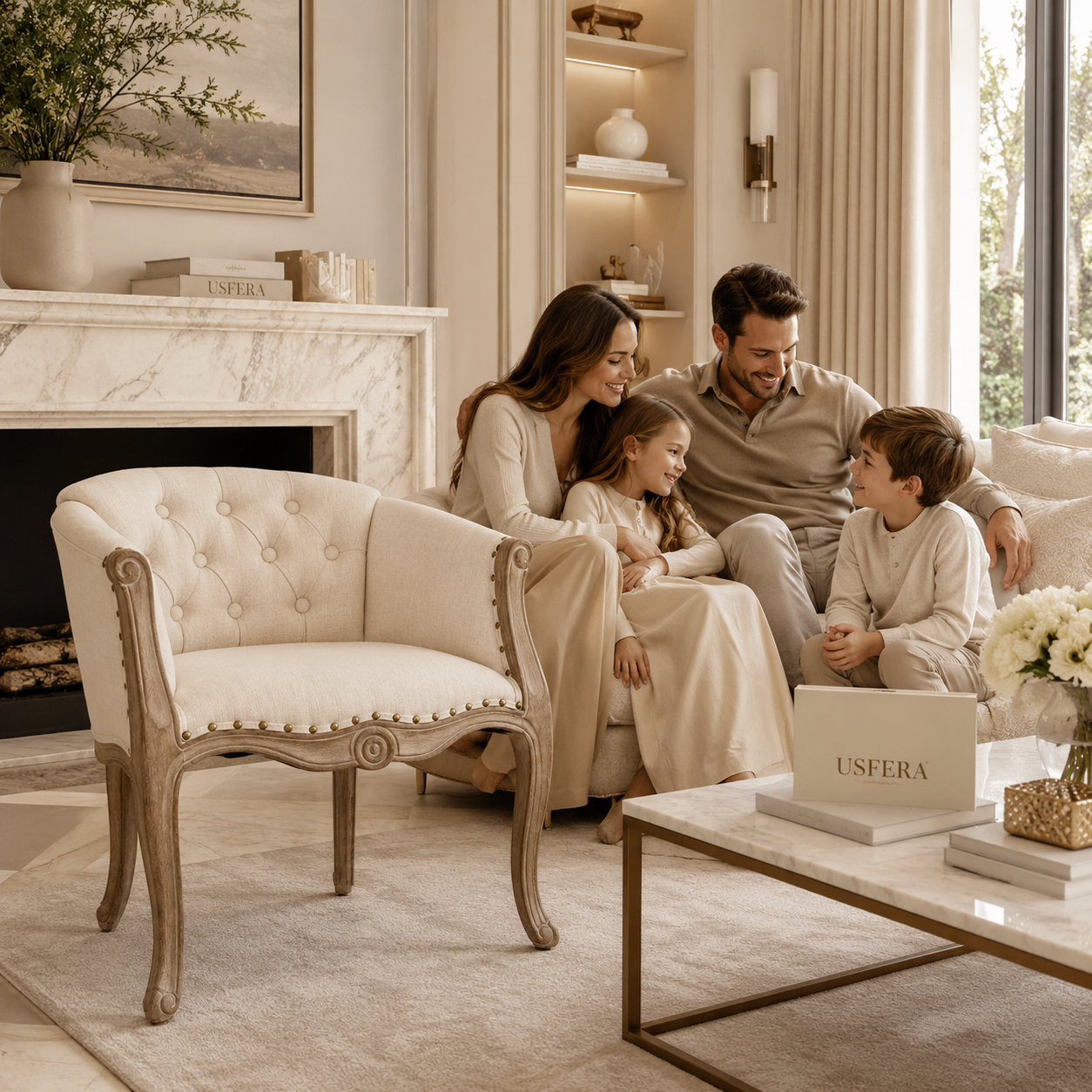 French-style ivory accent chair with tufted back, carved wood frame, and antique-inspired details for luxury calm living room styling