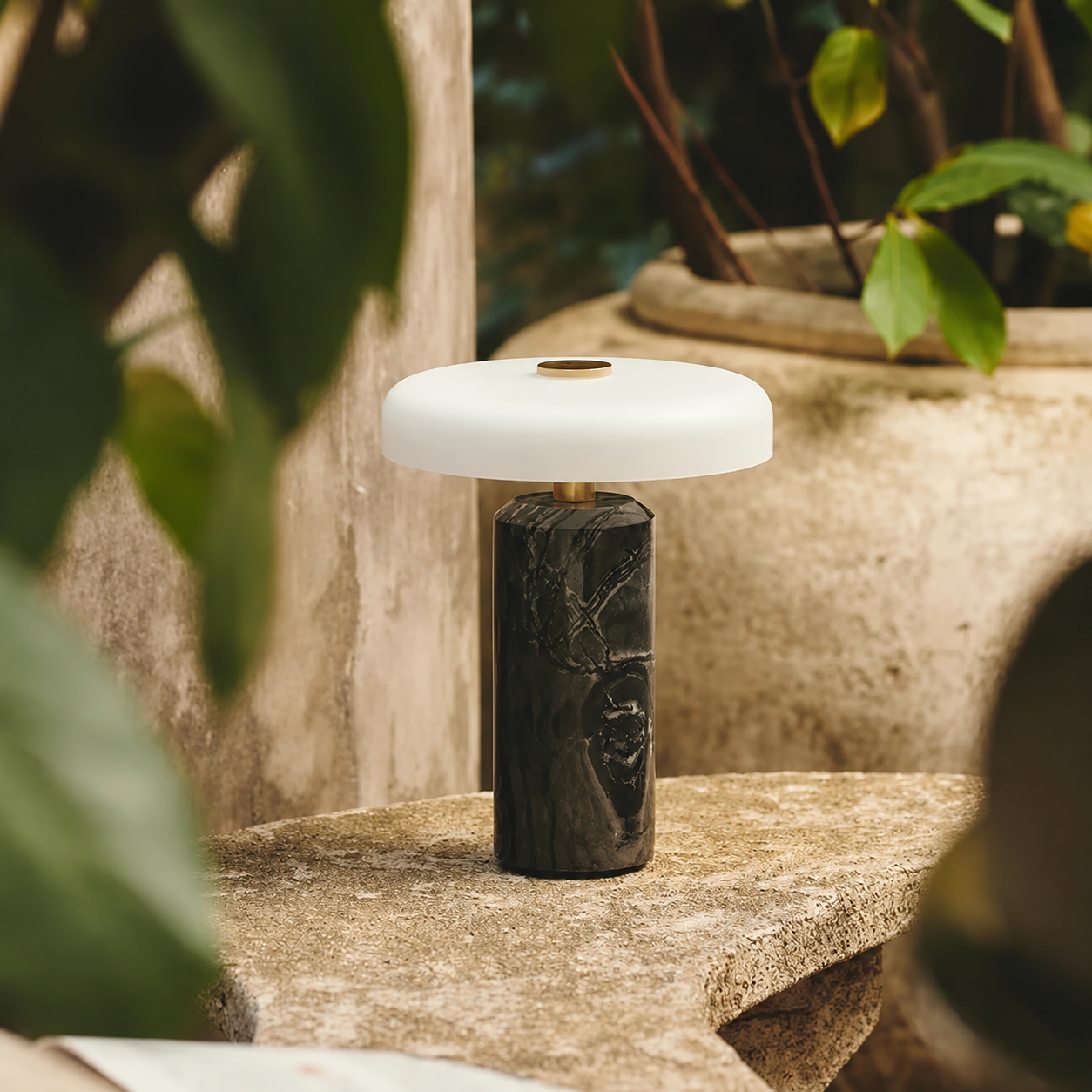 Touch dimming portable table lamp styled in a premium living room setting