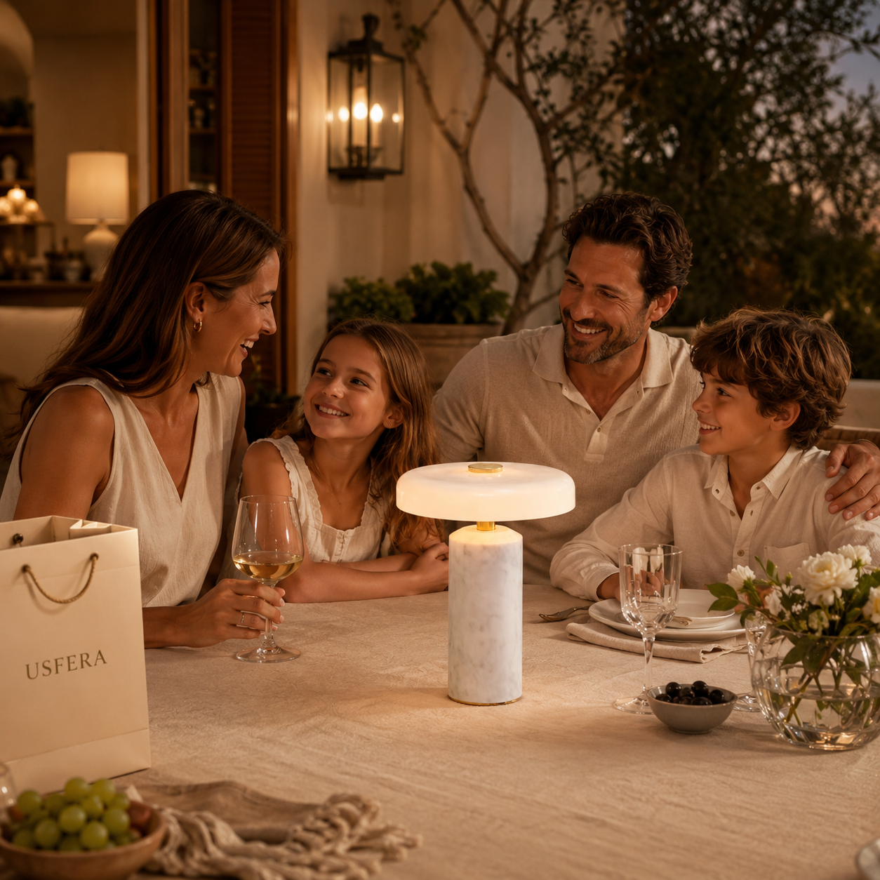 Portable marble table lamp with warm LED light on a calm luxury bedside table