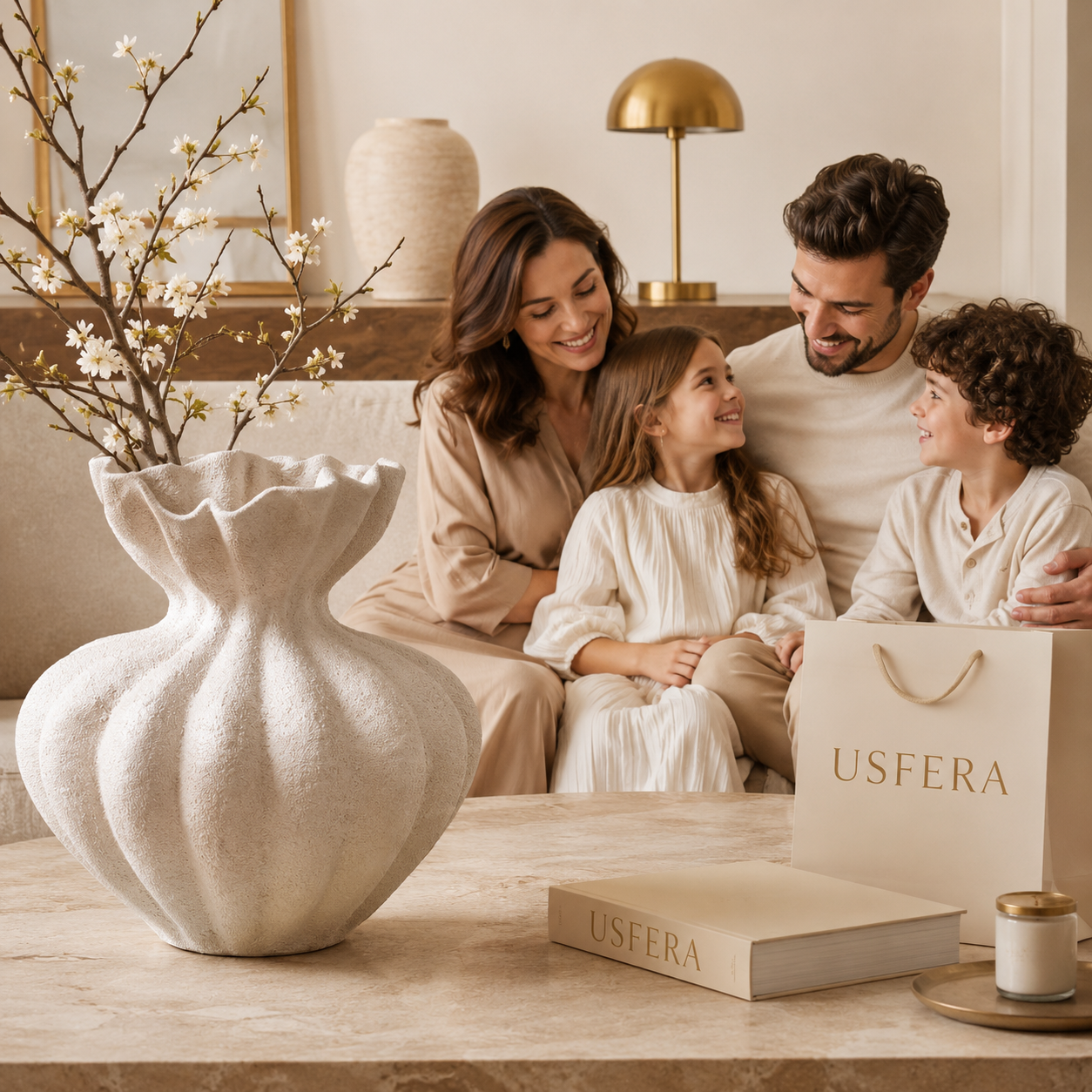 Sculptural ivory ceramic vase styled in a luxury calm home with family and Usfera decor accents