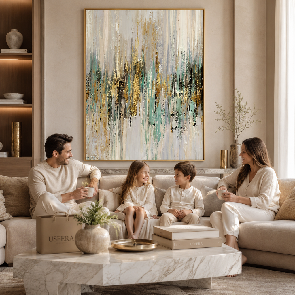 Large abstract canvas wall art with neutral tones, gold accents, and soft aqua details in a calm luxury interior