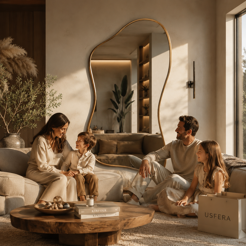 Premium full body wall mirror in a calm family living room with elegant neutral decor and subtle Usfera styling