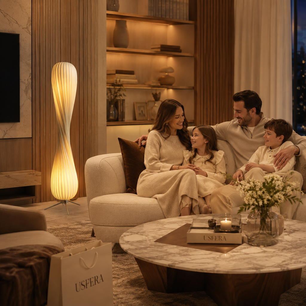 Sculptural wooden floor lamp with warm ambient light in a modern luxury living room