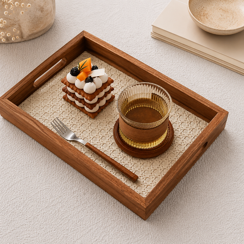 Rectangular acacia wood tray with a light woven base used as a decorative coffee table tray in a premium calm home