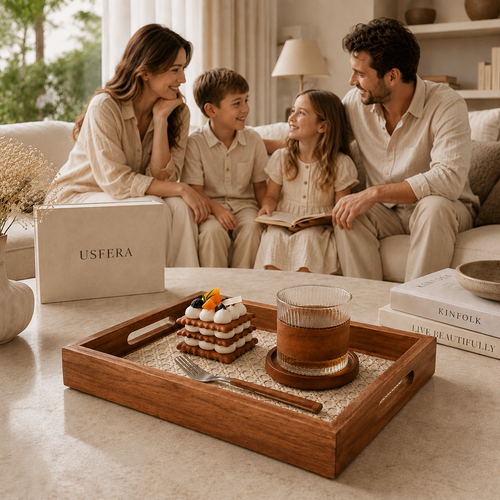 Acacia wood vanity tray with a woven-pattern base styled with a glass cup and dessert in a calm neutral home setting