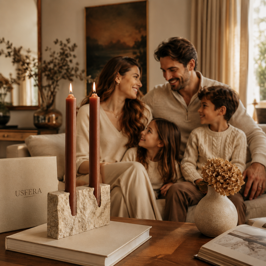 Travertine taper candle holder with two brown stick candles styled on a dark console table in a warm luxury interior