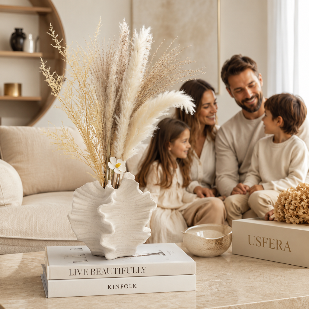 Sculptural ivory ceramic vase with dried pampas stems styled on neutral books in a calm luxury home interior