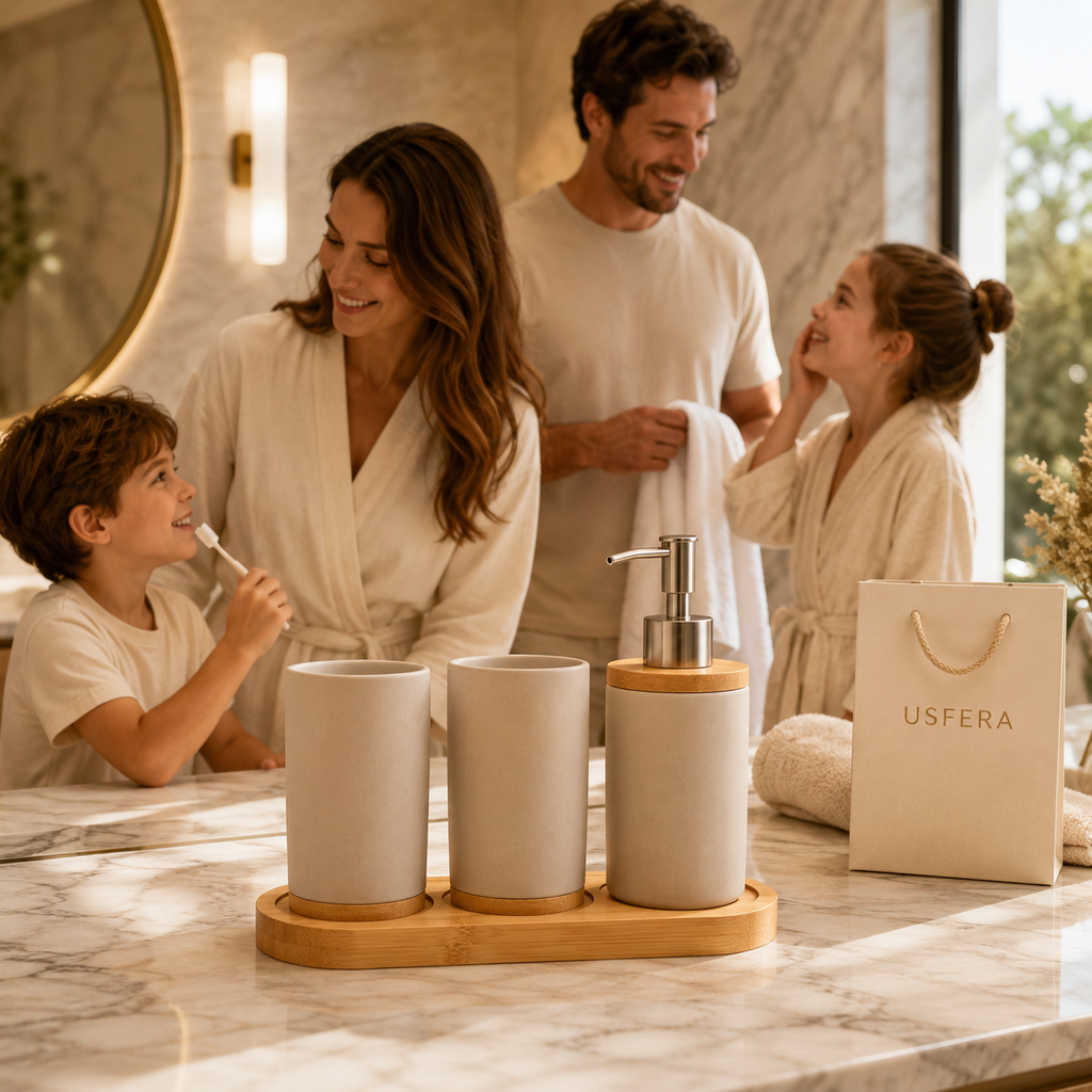 Ceramic bathroom accessory set styled on a marble vanity in a luxury family bathroom with USFERA branding on a separate bag