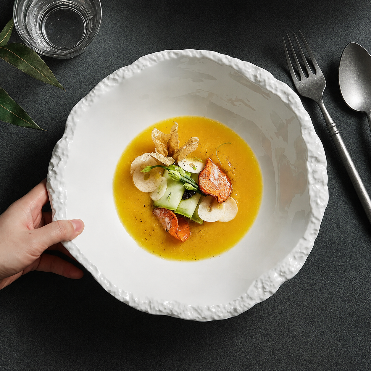 White porcelain serving bowl styled on a dark table with plated soup, glassware, and silver cutlery