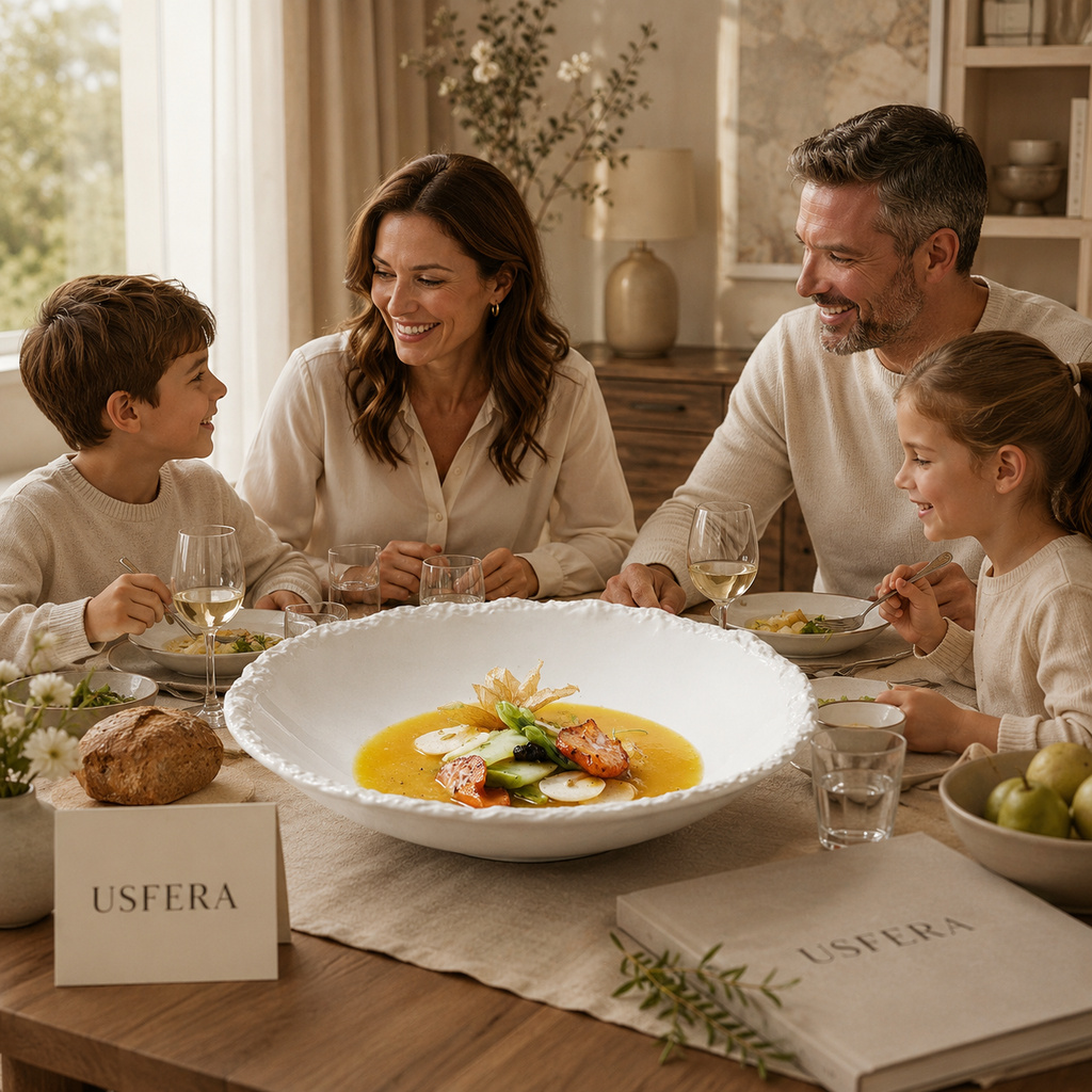 Large white porcelain serving bowl with irregular textured edge used for elegant soup and fine dining presentation
