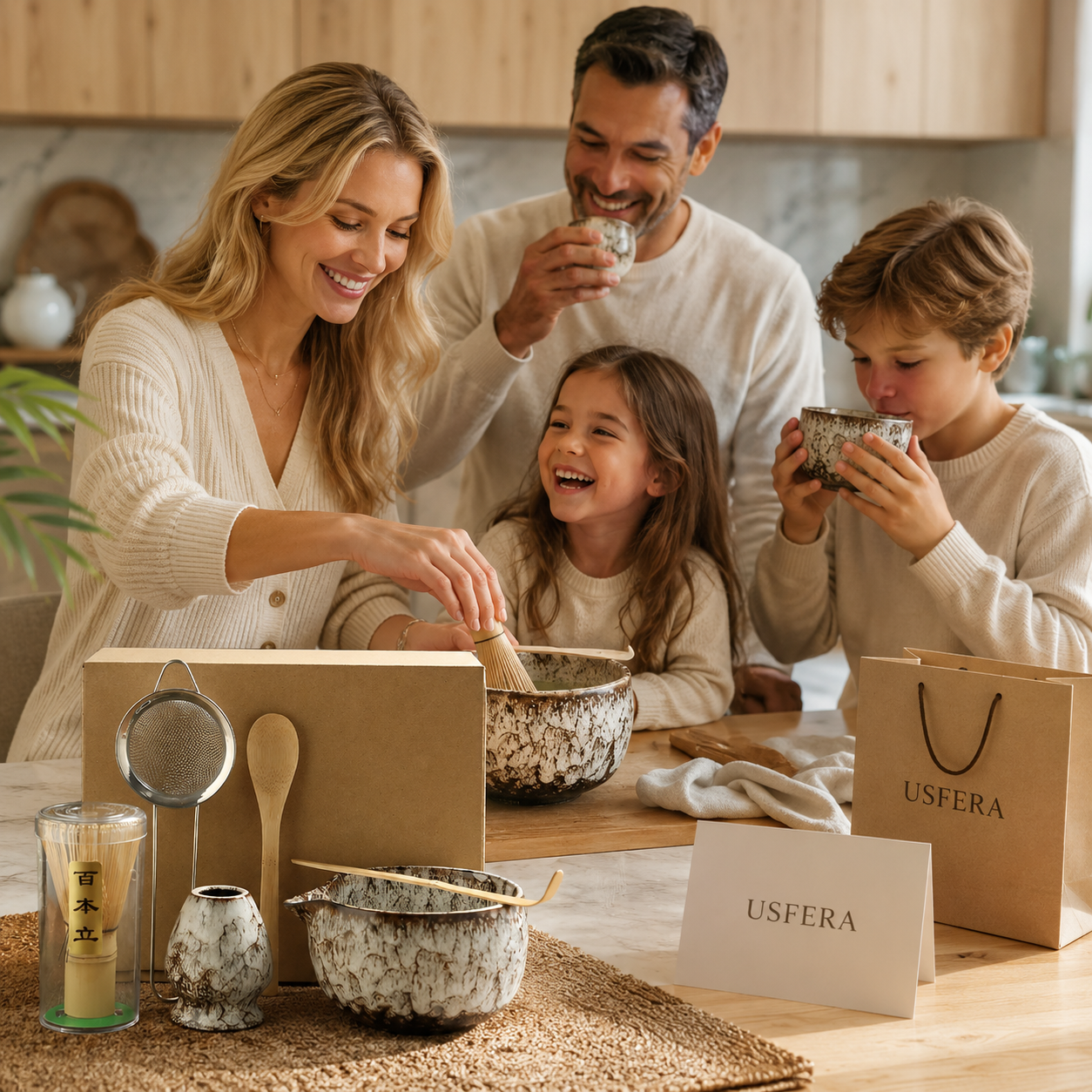 Premium family tea moment with a Japanese matcha tea set, blonde mother preparing matcha while the family enjoys a calm luxury kitchen ritual