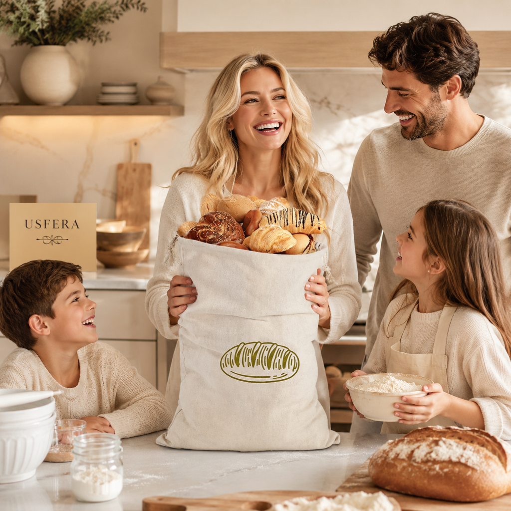 Blonde mother holding a reusable linen bread bag with fresh bread while her family smiles together in a warm luxury kitchen