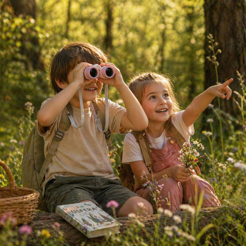 Kids using pastel binoculars in a sunlit meadow, exploring nature together in a calm, screen-free outdoor moment with a USFERA book nearby