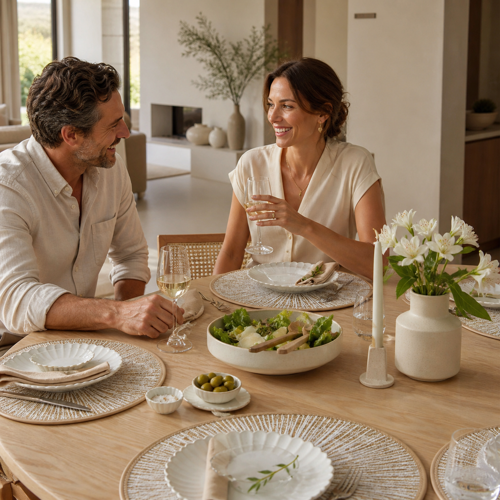 Premium dining room scene with people gathered around a table styled with round woven placemats in a warm natural setting