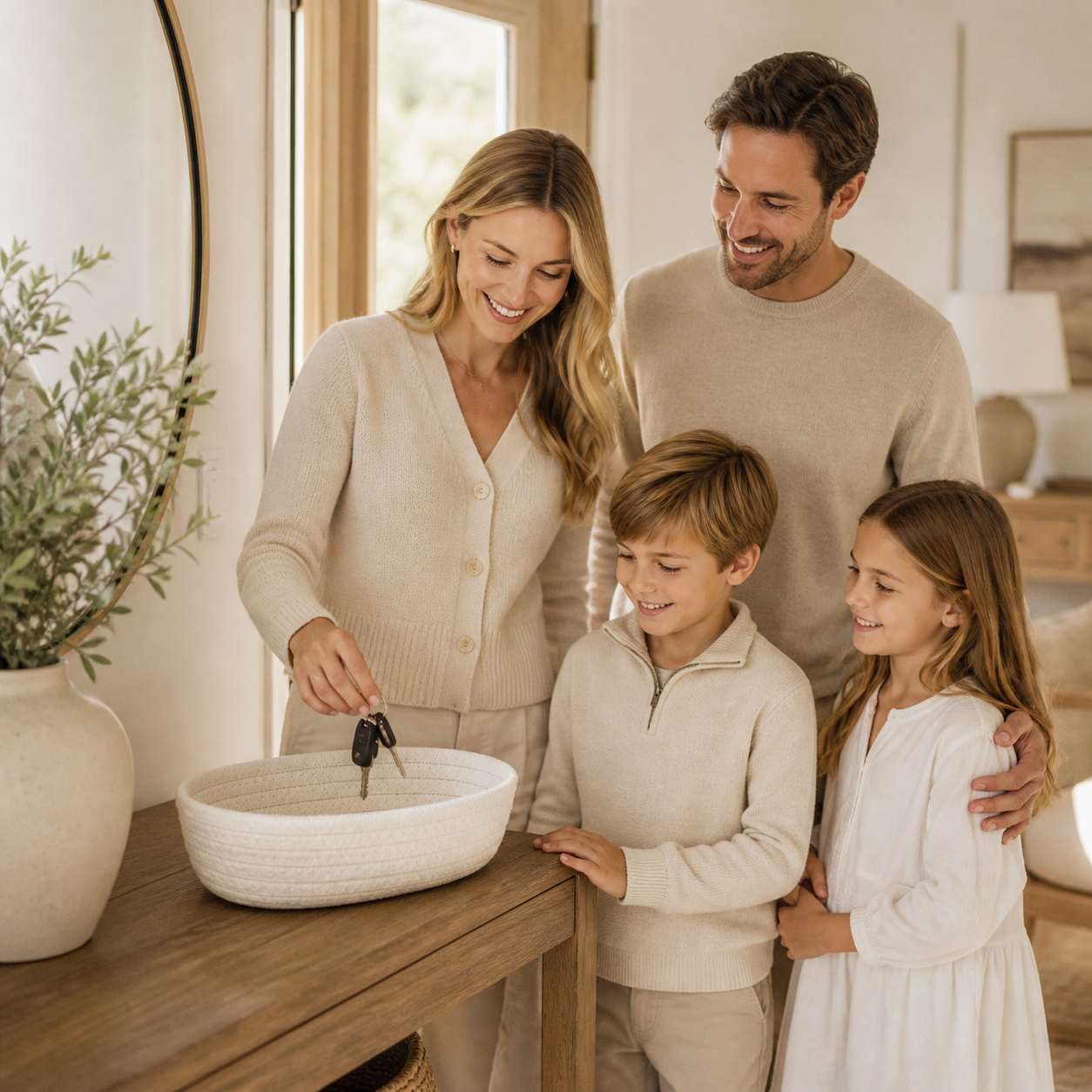 Family in a warm, premium entryway while one adult places keys into a white cotton rope basket on a wooden console table.