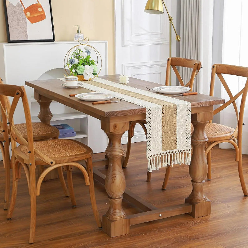 Natural table runner with tassels styled for a calm family home
