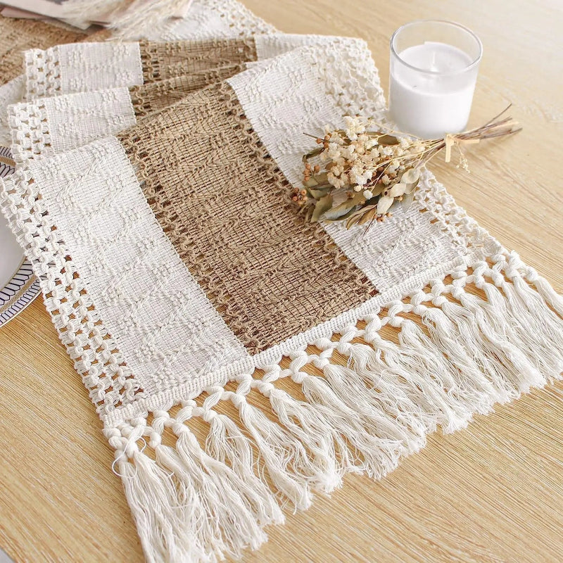 Neutral linen table runner on a warm wooden family dining table
