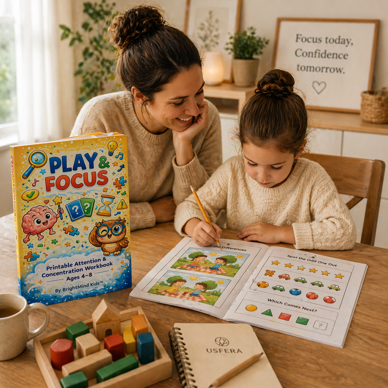 Parent and child using a focus workbook together at home to build attention skills and calm screen-free routines
