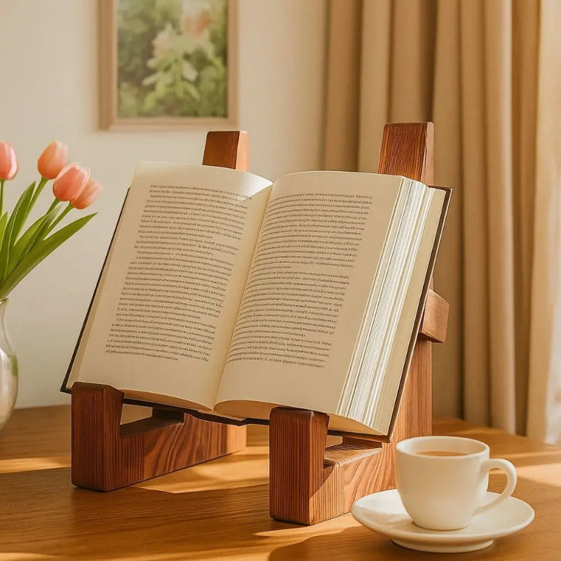 Premium wooden book stand on a marble coffee table with neutral living room decor
