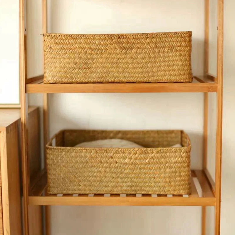 Premium woven seagrass basket for bathroom shelves, linen storage, and calm home organization