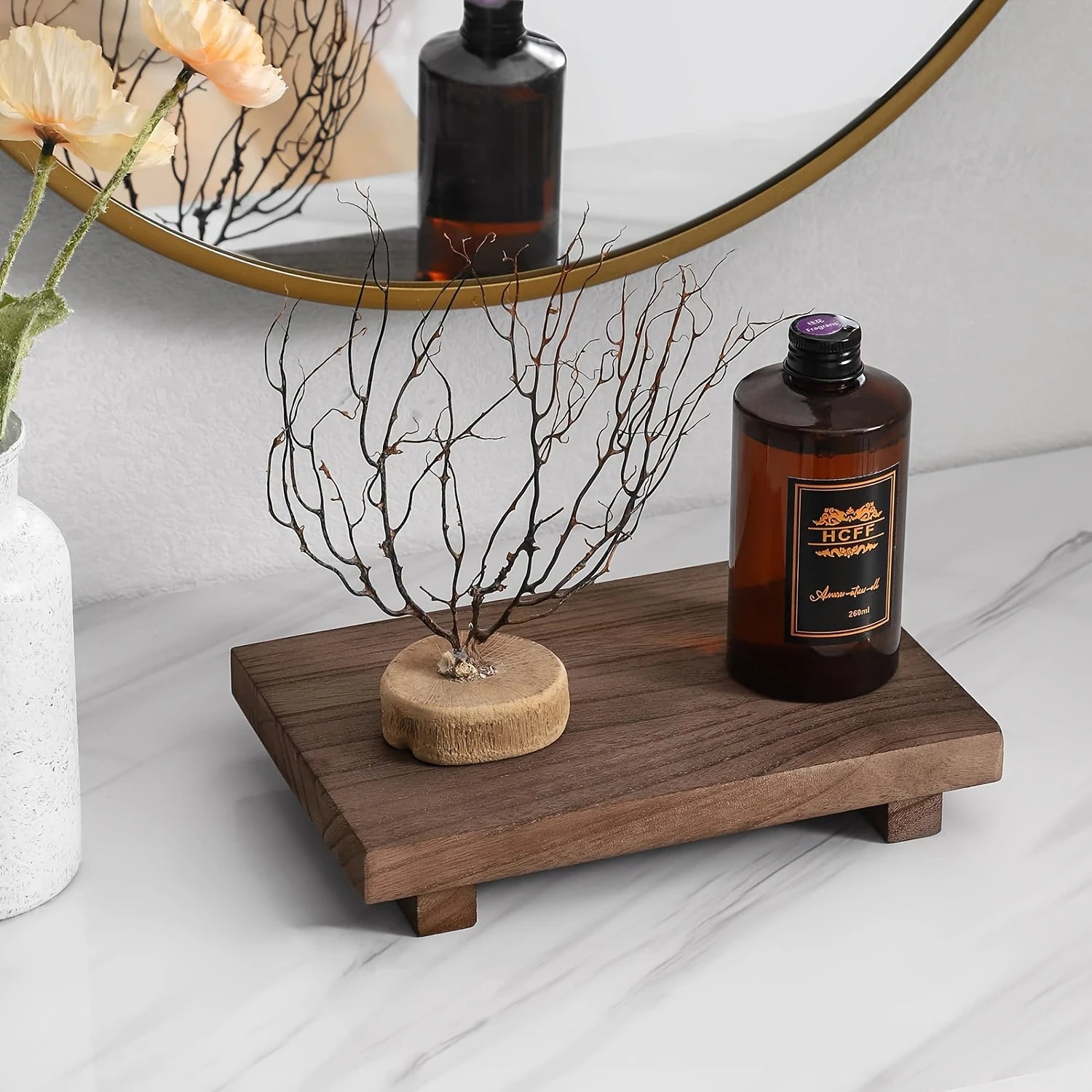 Premium wooden bathroom riser for soap skincare candles and calm vanity organization