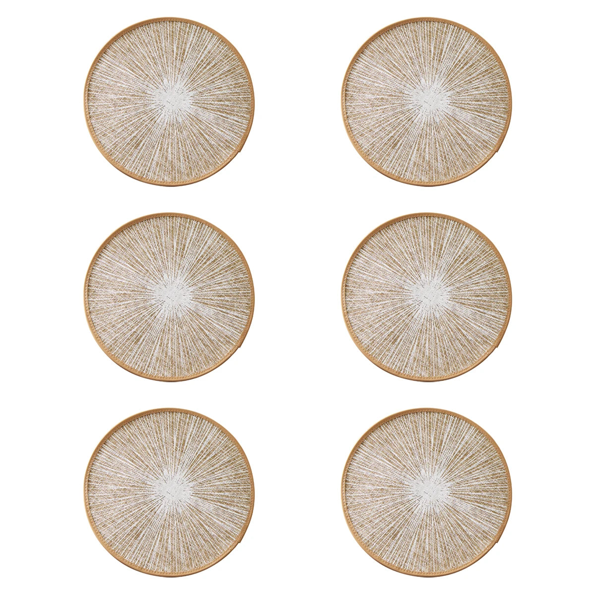 Round burlap macrame placemats styled on a light wood dining table