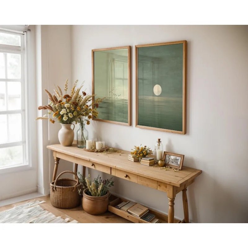 Sage green botanical wall art set – minimalist canvas decor for living room and bedroom
