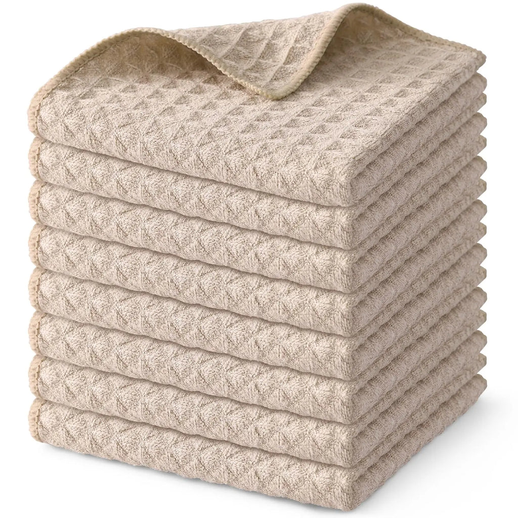 Premium waffle weave dish towels in beige for a minimalist and cozy kitchen setup
