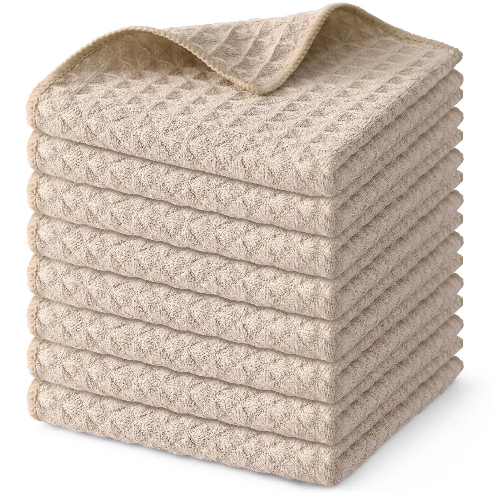 Premium waffle weave dish towels in beige for a minimalist and cozy kitchen setup