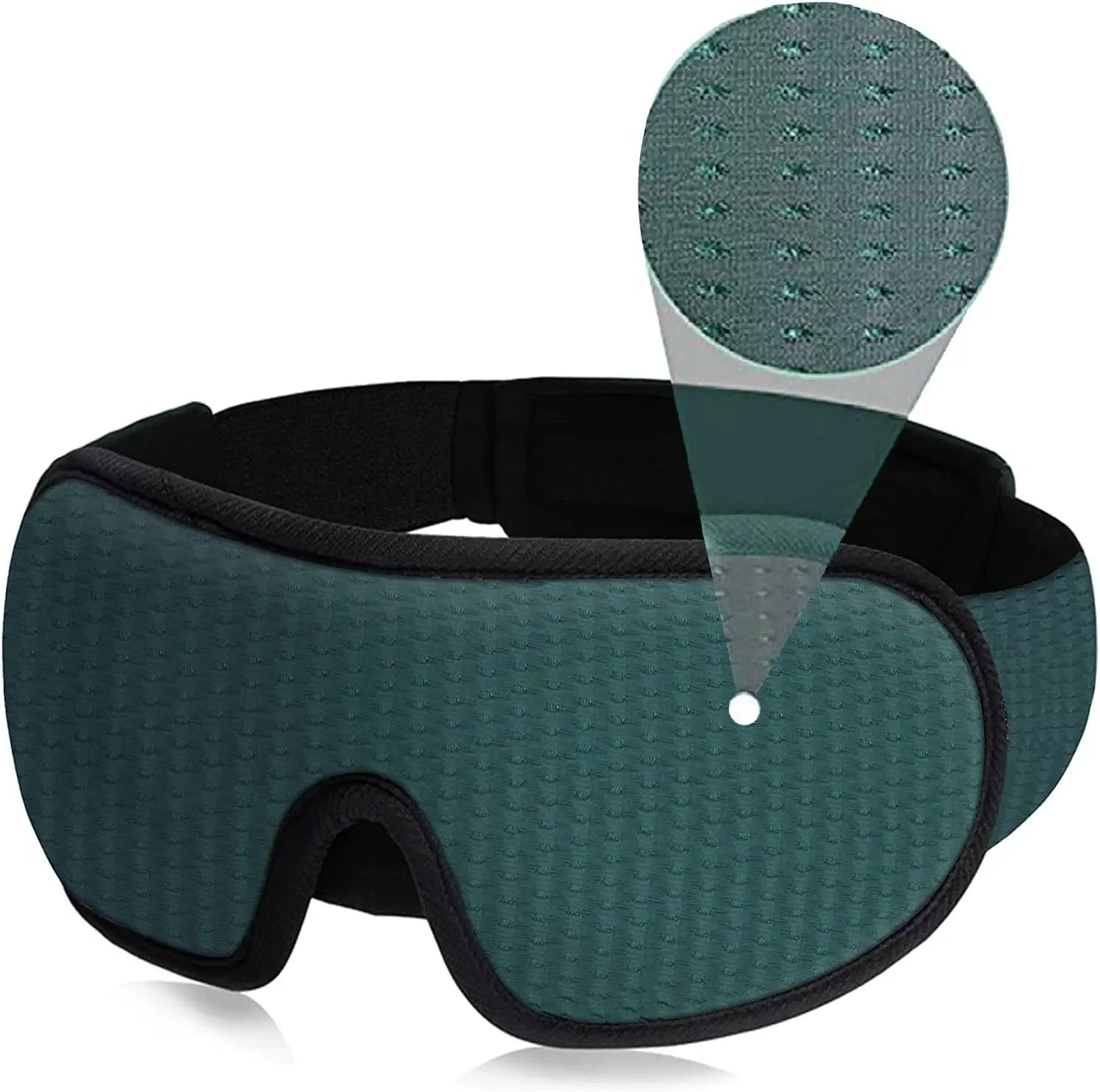 Blonde woman wearing green 3D sleep mask in minimalist bedroom — Usfera calm sleep