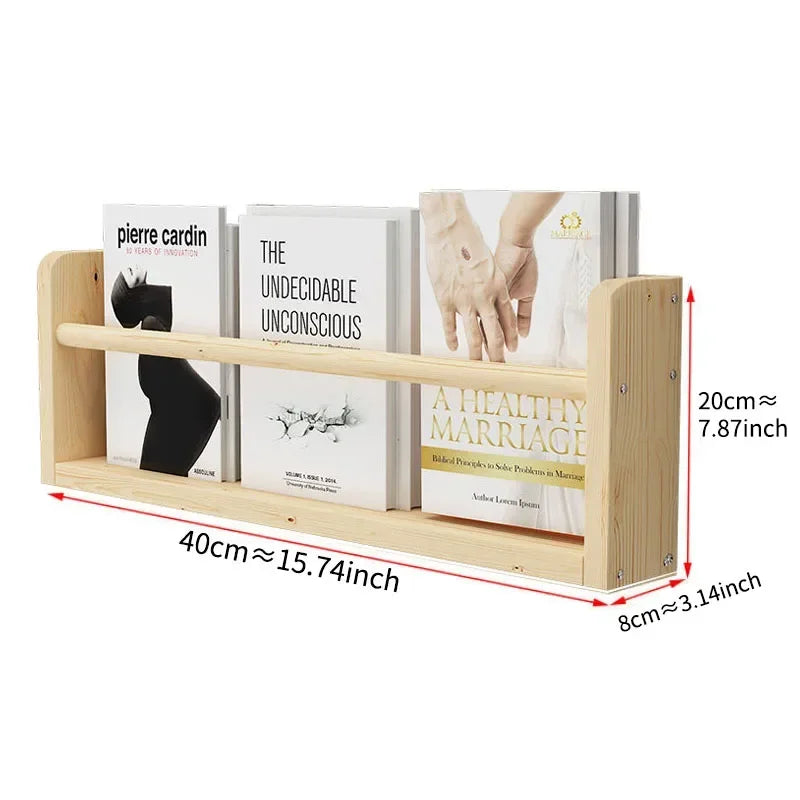 Natural wooden wall-mounted book shelf styled in a premium family reading space with soft beige decor