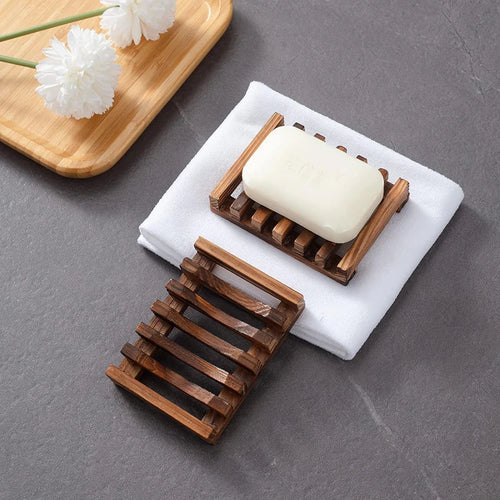 Wooden soap holder for organized bathroom sink and shower space