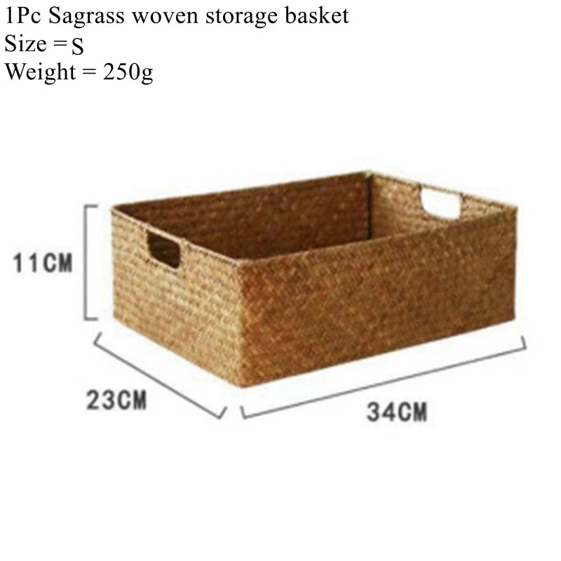 Natural woven shelf baskets styled with soft towels, warm wood, and neutral calm-home decor