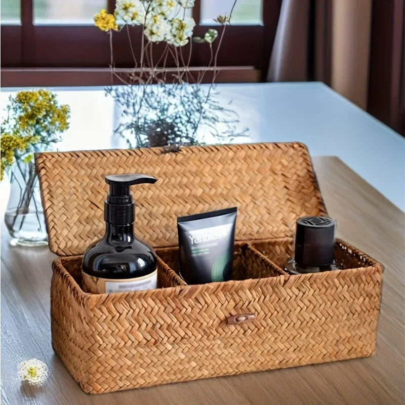 Natural woven home organizer with divided compartments for bathroom vanity and shelf storage