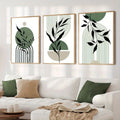 3 Piece Botanical Wall Art Set – sage green abstract prints in gold frames, premium living room wall decor
