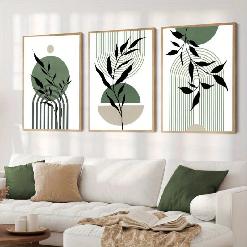 3 Piece Botanical Wall Art Set – sage green abstract prints in gold frames, premium living room wall decor
