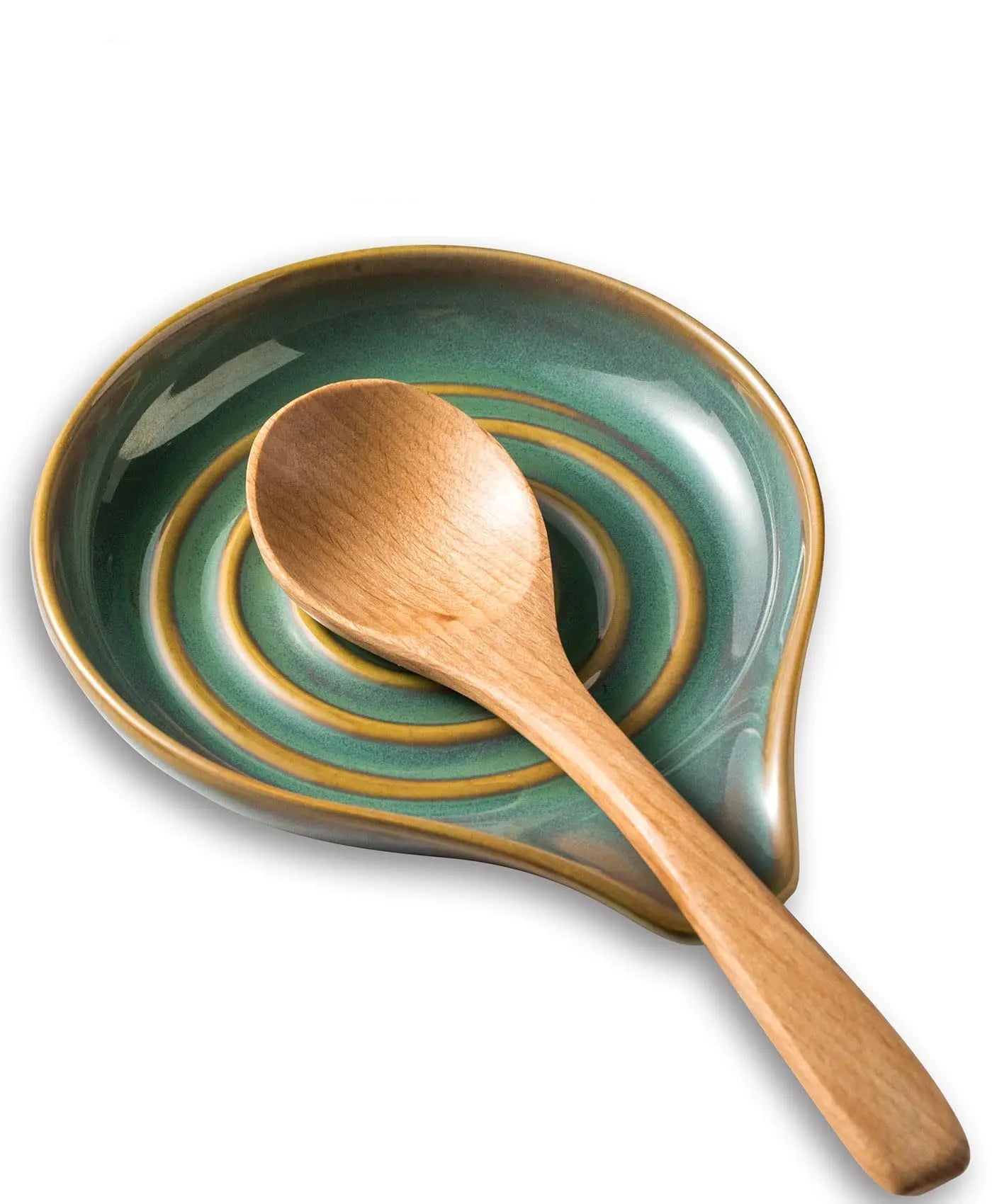 Organic ceramic utensil rest styled with a wooden spoon, linen towel, bread, herbs, and warm kitchen decor