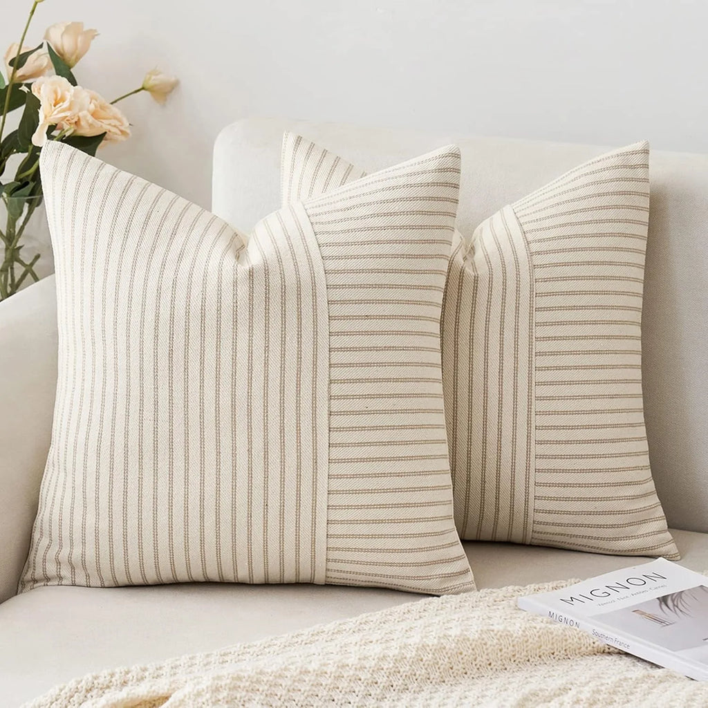 linen stripe pillow cover close-up showing soft neutral texture and minimal design